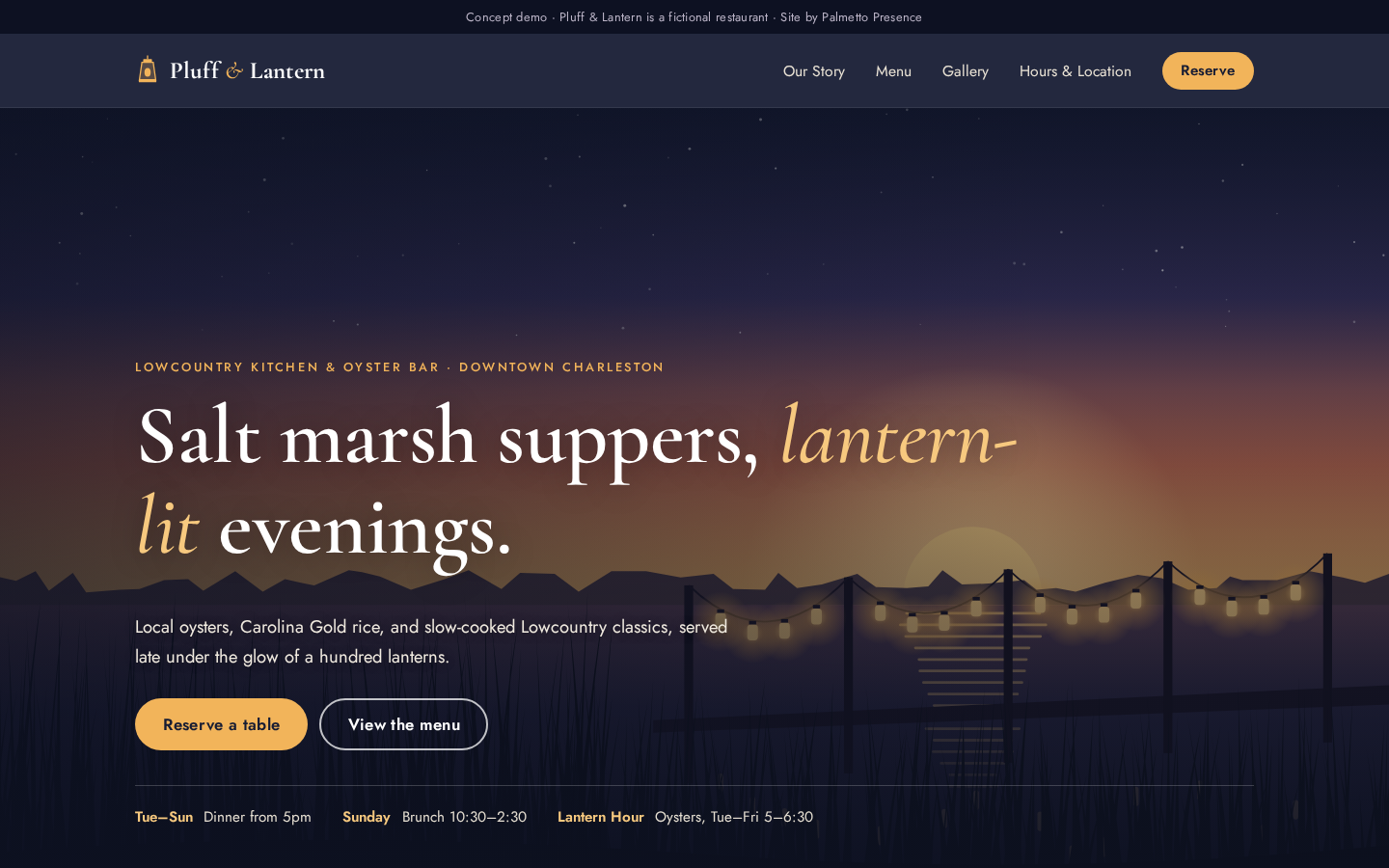 Preview of the Pluff & Lantern concept restaurant website: a dusk marsh illustration with hanging lanterns and a Reserve a table button.